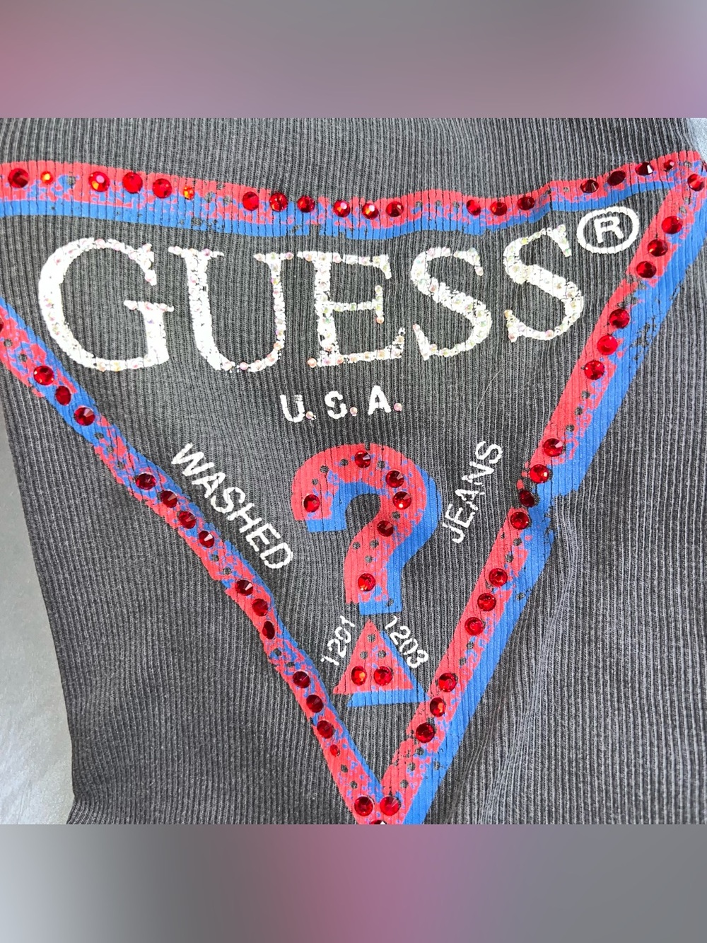 Y2K Vintage GUESS Bling Tank Top Gray Grunge Glam Ribbed Street Wear Size LARGE